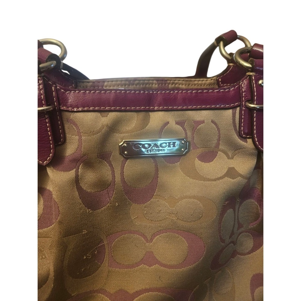 Coach Signature C Tote Bag Burgundy Canvas Leather Trim Shoulder Bag - Picture 2 of 9